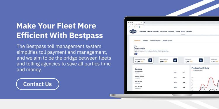 On a purple background, a laptop is opened to show to overview of the Bestpass portal. To the left of the screen is white text that reads: "Make Your Fleet More Efficient With Bestpass - The Bestpass toll management system simplifies toll payment and management, and we aim to be the bridge between fleets and tolling agencies to save all parties time and money