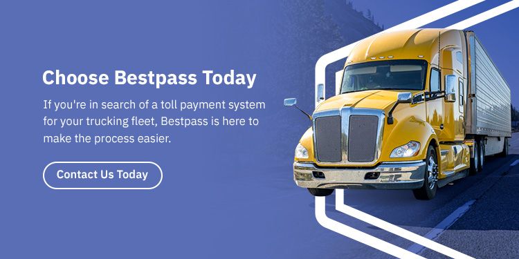 On a purple and white background, a bright yellow truck is to the right of the image. To the left of the image, white text reads: "Choose Bestpass Today: If you're in search of a toll payment system for your trucking fleet, Bestpass is here to make the process easier. - Contact us today." 