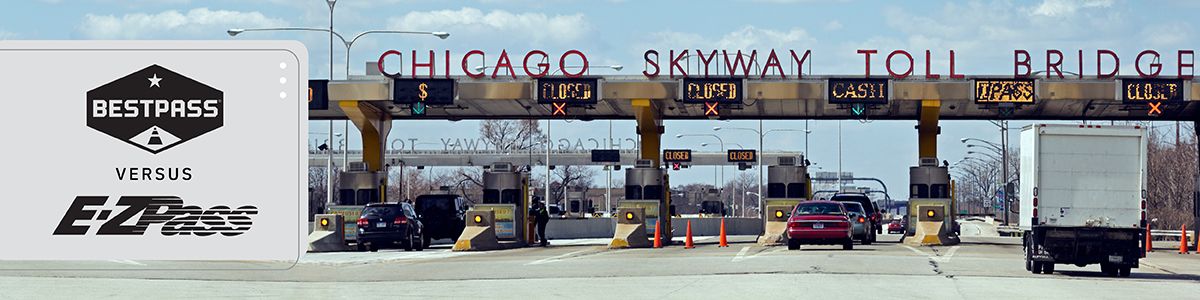 The Chicago Skyway Toll Bridge toll gantry, with the white and black Bestpass E-Z pass transponder on the left of the image