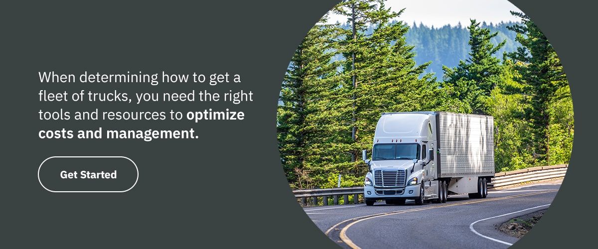 A white truck is driving down a mountain road, lined with trees. To the left of the image white text reads: "When determining how to get a fleet of trucks, you need the right tools and resources to optimize costs and management."