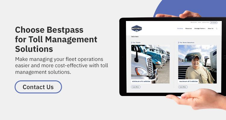 A pair of hands is holding up a digital tablet, which displays an image of the Bestpass homepage. To the left of the image is black text that reads: "Choose Bestpass for Toll Management Solutions - Make managing your fleet operations easier and more cost-effective with toll management solutions - contact us."