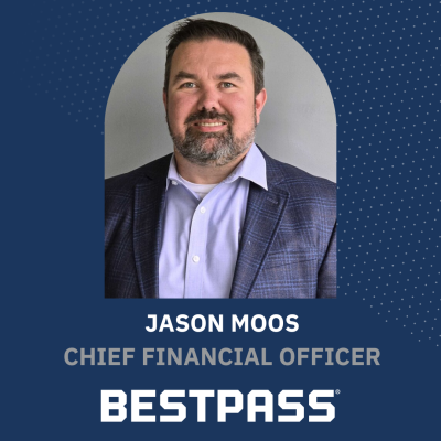 Jason Moos, Bestpass' chief financial officer, on a blue background. 