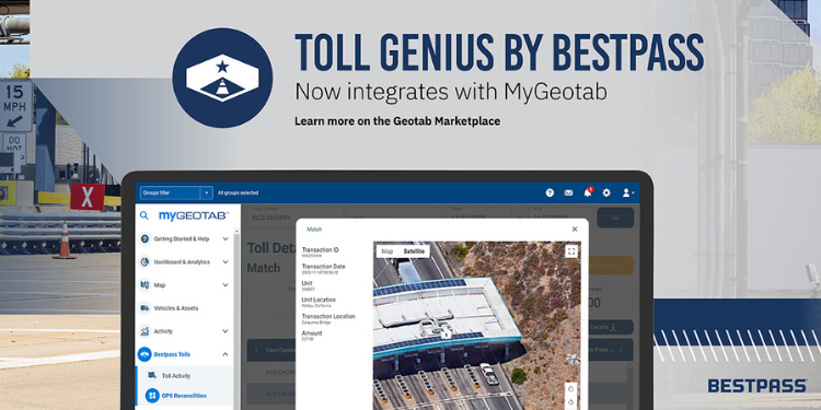 Blue text that reads 'Toll Genius By Bestpass - now integrates with MyGeotab. Learn more on the Geotab Marketpace", Below is a laptop, showing Toll Genius in the Geotab Marketplace