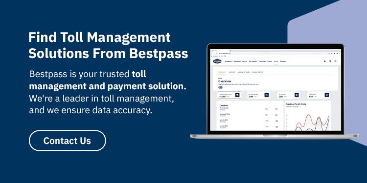 On a navy and purple background, a laptop opened to the Bestpass portal is placed beside white text that reads:  "Find Toll Management Solutions From Bestpass - Bestpass is your trusted toll management and payment solution. We're a leader in toll management and we ensure data accuracy.