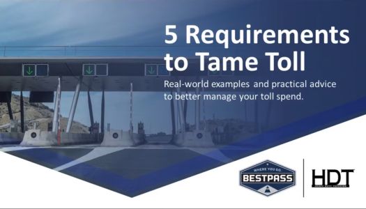 A slide showing a webinar opening slide: "5 Requirements to Tame Toll" with the Bestpass and Heavy Duty trucking logos and a background image of a toll gate