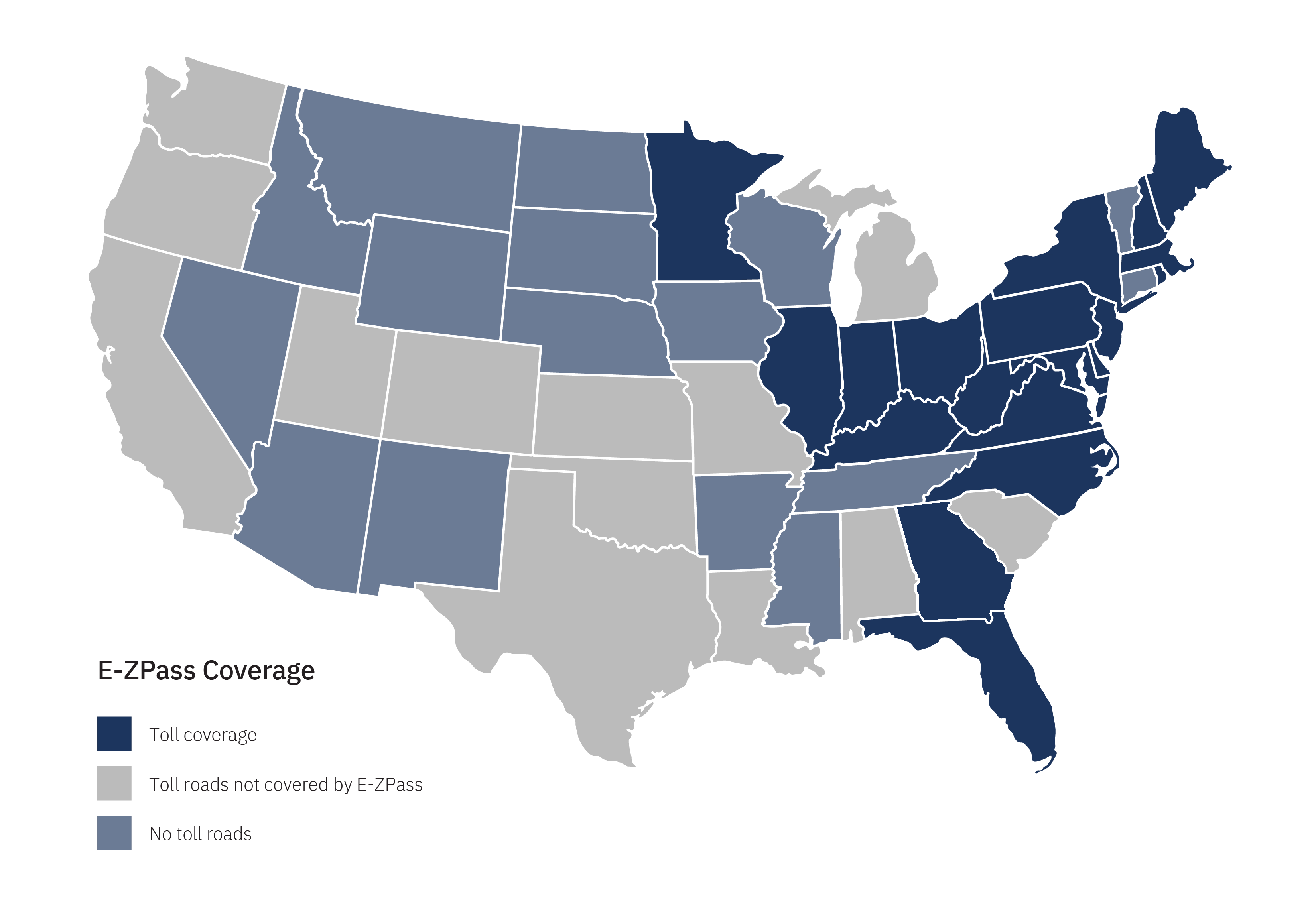 United States map showing coverage for E-ZPass toll transponder offered by Bestpass