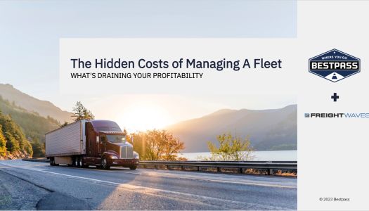The first slide of the webinar, showing a red truck pulling a white trailer up a mountain pass. At the top of the slide, the text reads "The Hidden Costs of Managing A Fleet - What's Draining Your Profitability". To the right is a white lateral bar, displaying both the Bestpass Logo and The Freightwaves logo