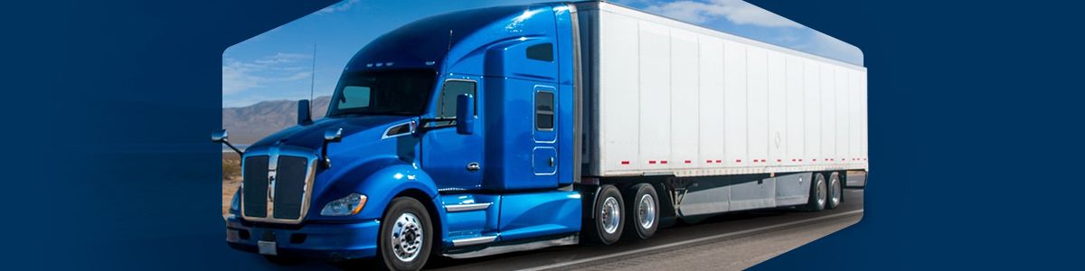 A bright blue truck with a large white trailer is in the center of a dark blue background.