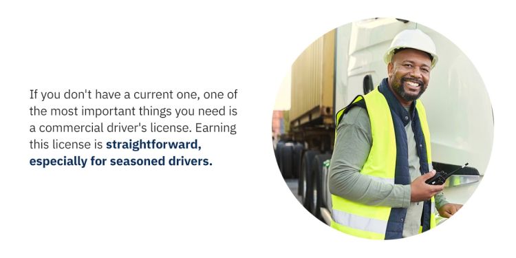 In a circular image, a man wearing a hardhat and a yellow highlighted vest is smiling as he works on a white truck. To the left of the image is black text that reads: "If you don't have a current one, one of the most important things you need is a commercial driver's license. Earning this license is straightforward, especially for seasoned drivers.