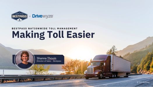 The first slide of the webinar, showing a red truck pulling a white trailer up a mountain pass. At the top of the slide, the text reads "Making Toll Easier" and underneath is a circular headshot of the Director of Sales, Shanna Thouin