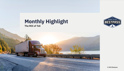 The first slide of the webinar, showing a red truck pulling a white trailer up a mountain pass. At the top of the slide, the text reads "Monthly Highlight: The ROI of Toll". To the right of the image is a lateral white bar, displaying the Bestpass logo