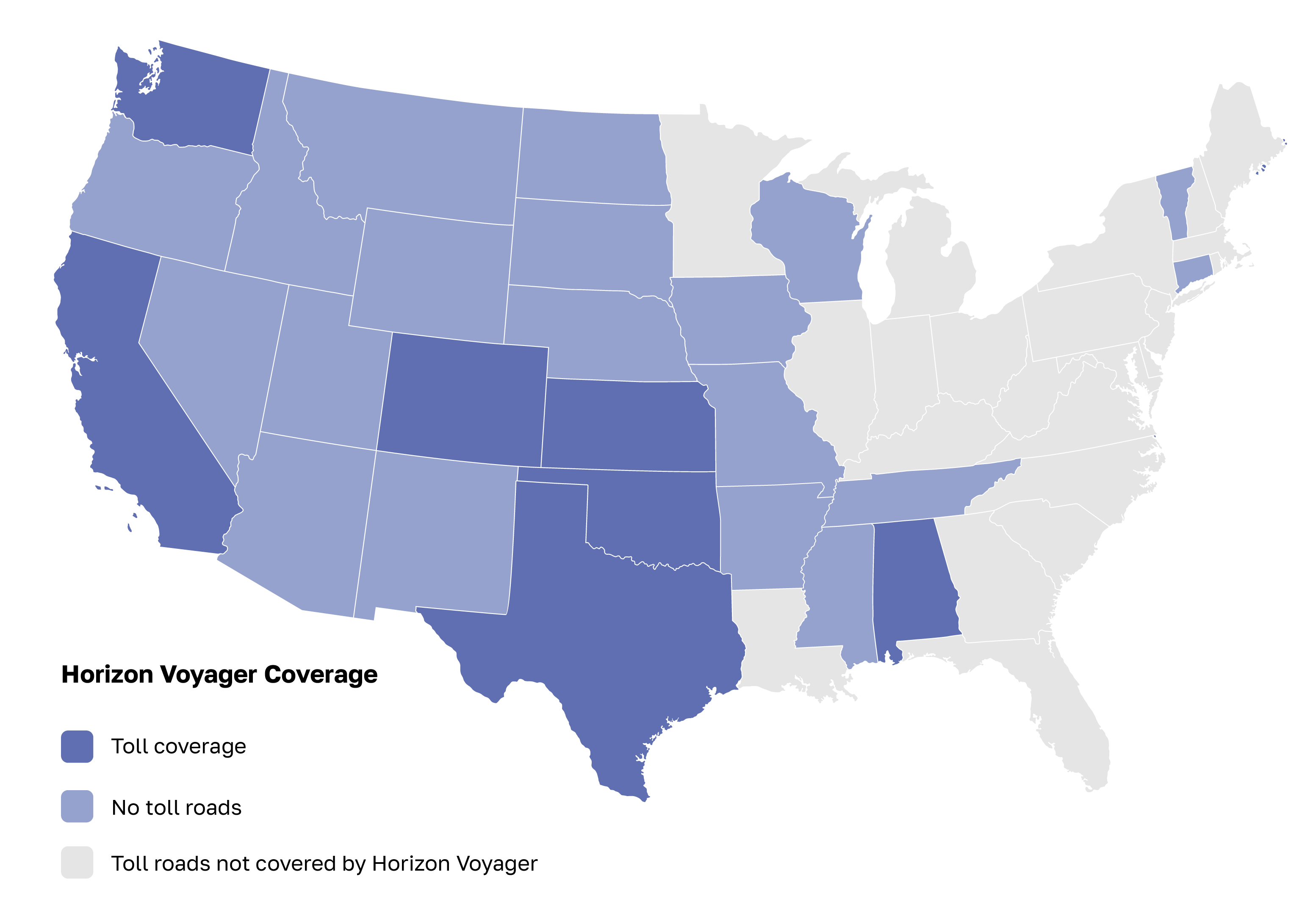 United States map showing coverage for the Horizon Voyager toll transponder offered by Bestpass