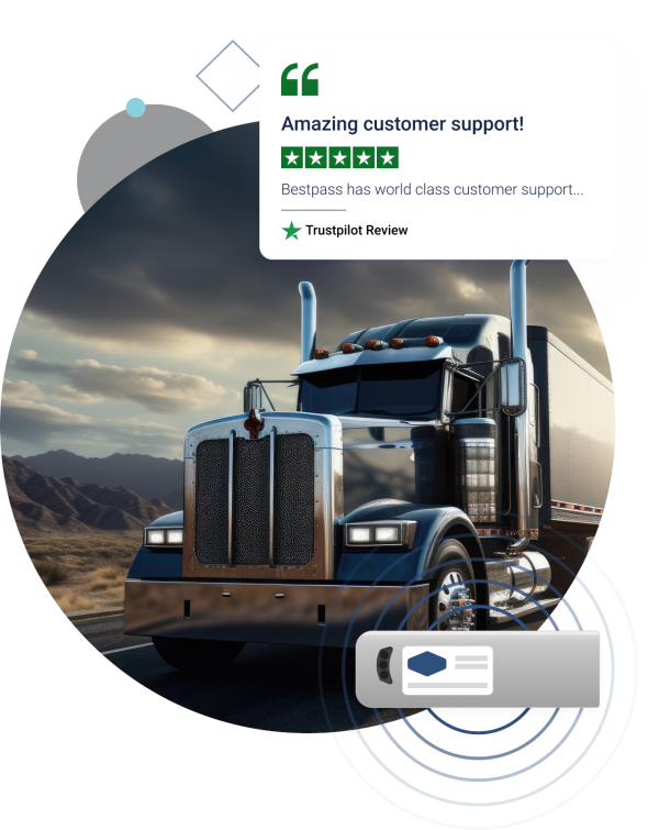 Heavy duty truck with images of customer review and transponder imposed in the foreground.