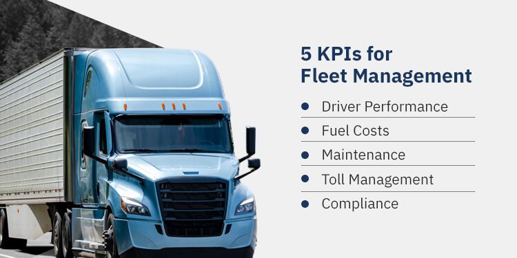 A light blue truck pulling a white trailer is on a wooded road. To the right of the image is blue text that reads: "5 KPIs for Fleet Management - Driver performance / Fuel costs / Maintenance / toll management / compliance