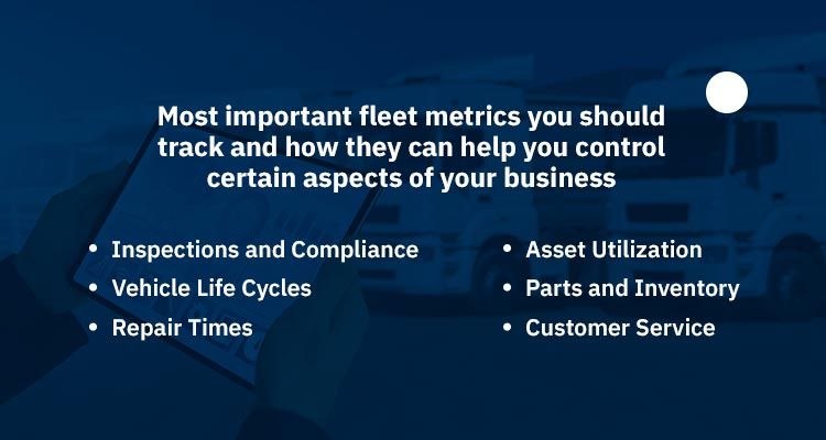On a dark blue truck background, white text reads: "Most important fleet metrics you should track and how they can help you control certain aspects of your business"