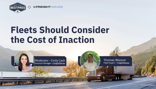A slide showing a webinar opening slide: "Fleets Should Consider the Cost of Inaction". Underneath the text there are two circular images showing two employees. One is the Moderator, Emily Cash, and the other is the Fleet Expert of Freightwaves, Thomas Wasson.