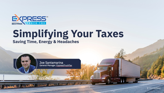 The first slide of the webinar, showing a red truck pulling a white trailer up a mountain pass. At the top of the slide, the text reads "Simplifying Your Taxes" and underneath is a circular headshot of the GM of Expresstrucktax, Joe Santamarina