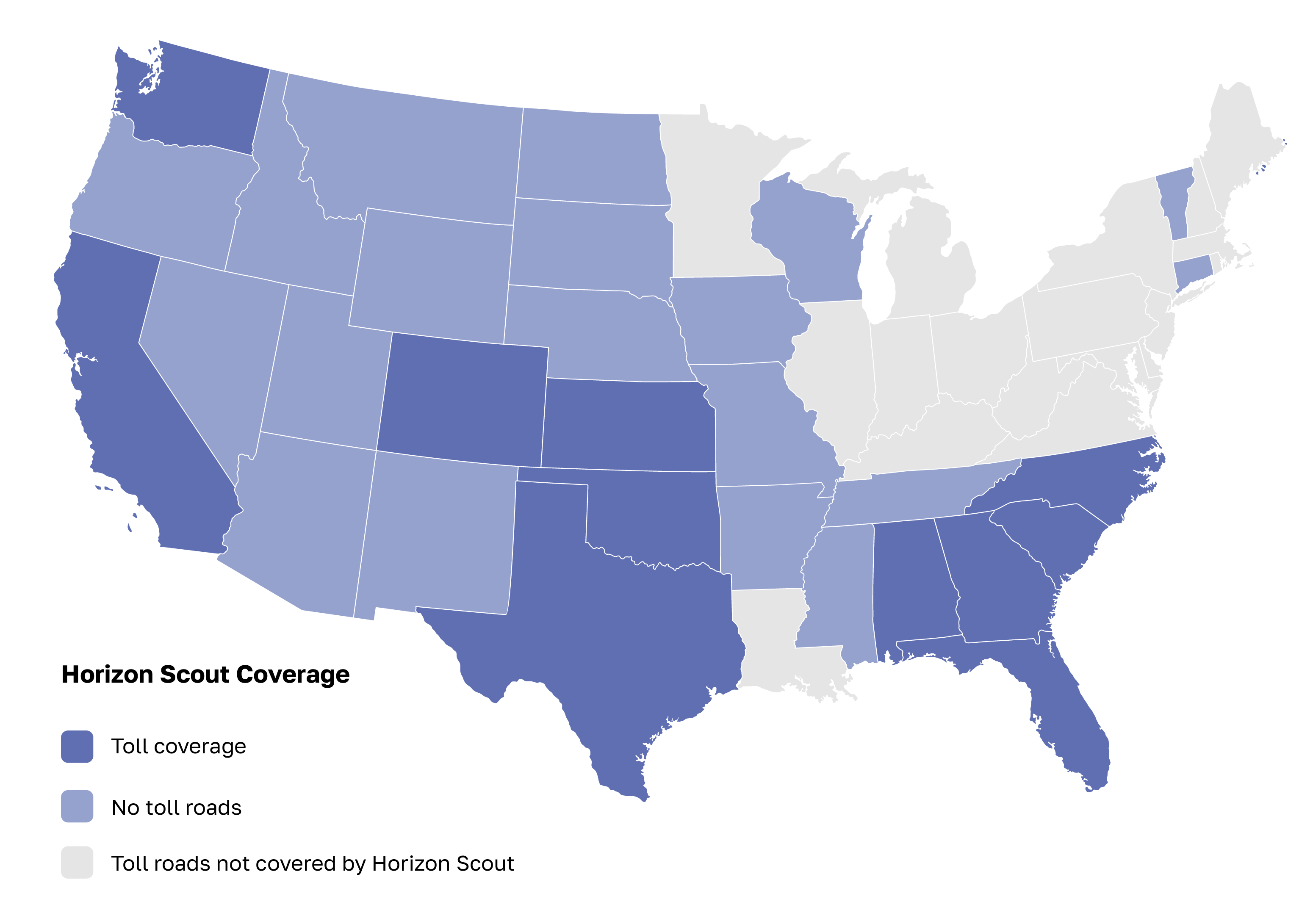 United States map showing coverage for Horizon Scout toll transponder offered by Bestpass