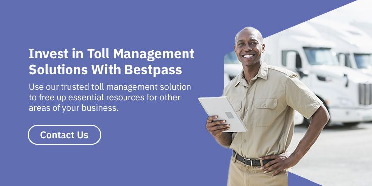 On a purple background, white text reads : "Invest in toll management solutions with Bestpass - Use our trusted toll management solutions to free up essential resources for other areas of your business." To the right of the text is a man wearing a khaki outfit, holding a digital tablet, standing in front of a row of parked trucks.