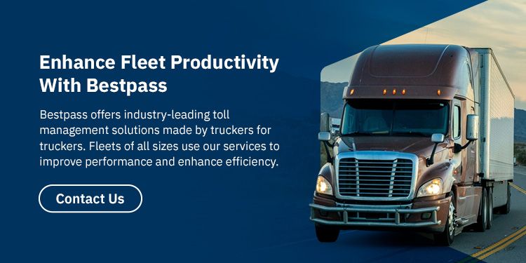 A dark brown truck is driving down the road on a dark blue background. To the left of the image in white text, it reads "Enhance Fleet Productivity With Bestpass - Bestpass offers industry-leading toll management solutions made by truckers for truckers. Fleets of all sizes use our services to improve performance and enhance efficiency.