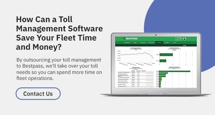 On a white and purple background, a lapto is opened to display the Bestpass customer portal. To the left of the laptop is black text that reads : "How Can a Toll Management Software Save Your Fleet Time and Money?