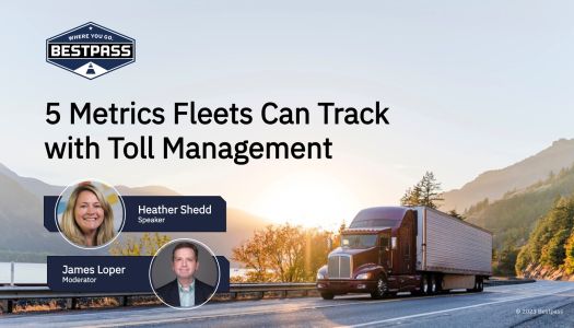 A slide showing a webinar opening slide: "F5 Metrics Fleets Can Track with Toll Management". Underneath the text there are two circular images showing two employees. One is the Moderator, James Loper, and the other is Heather Shedd..