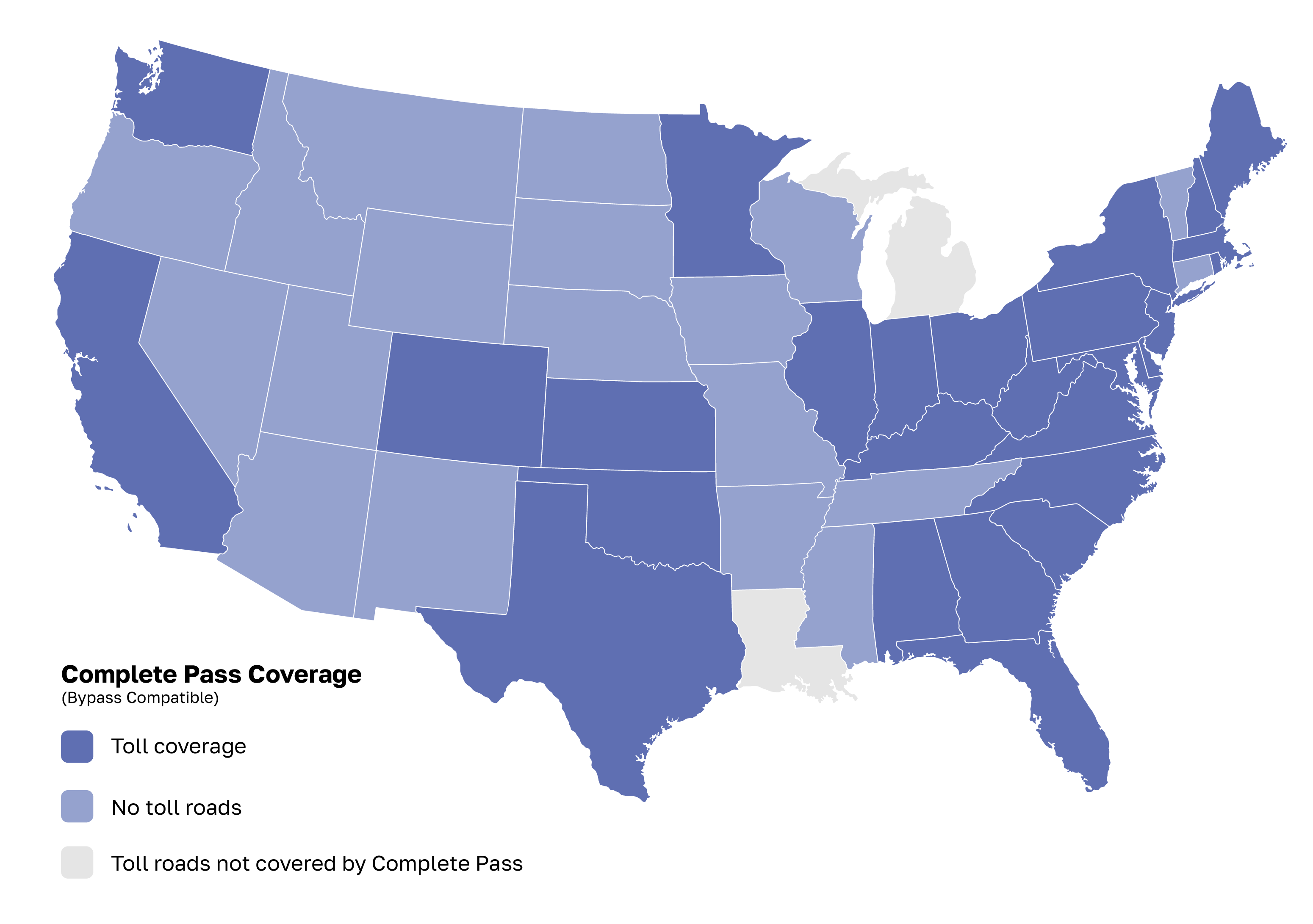 United States map showing coverage for Complete Pass toll transponder offered by Bestpass