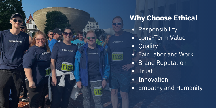 A team of runner's wearing Bestpass shirts are posing outside of The Egg, in Albany, NY for a health walk. To the right of the image, on a blue background, white text reads: Why choose ethical: responsibility, long term value, quality, fair labor and work, brand reputation, trust, innovation, and empathy and humanity. 