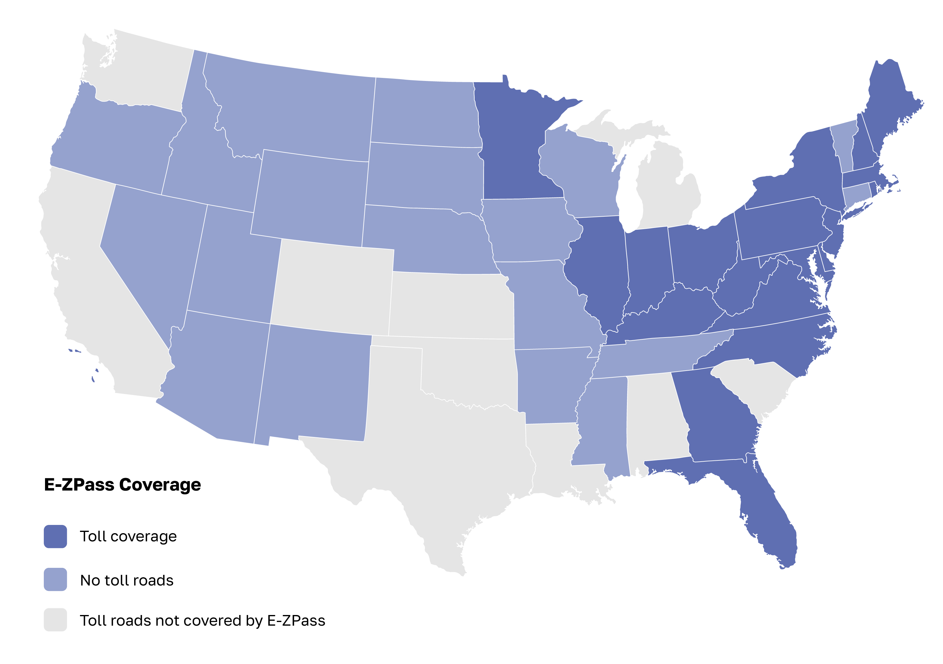 United States map showing coverage for E-ZPass toll transponder offered by Bestpass