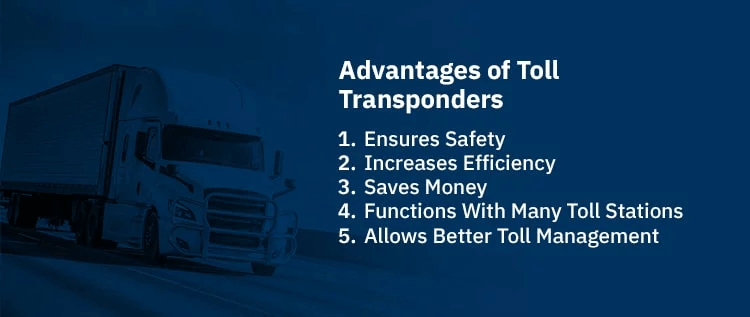 A truck is stained dark blue with white text to the right that lists the advantages of toll transponders.