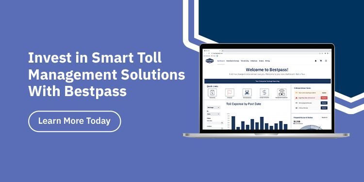 On a navy blue, white, and purple background, a laptop is opened to the Bestpass portal on the right. To the left in white text is "Invest in smart toll management solutions with bestpass." and a 'learn more today' button.